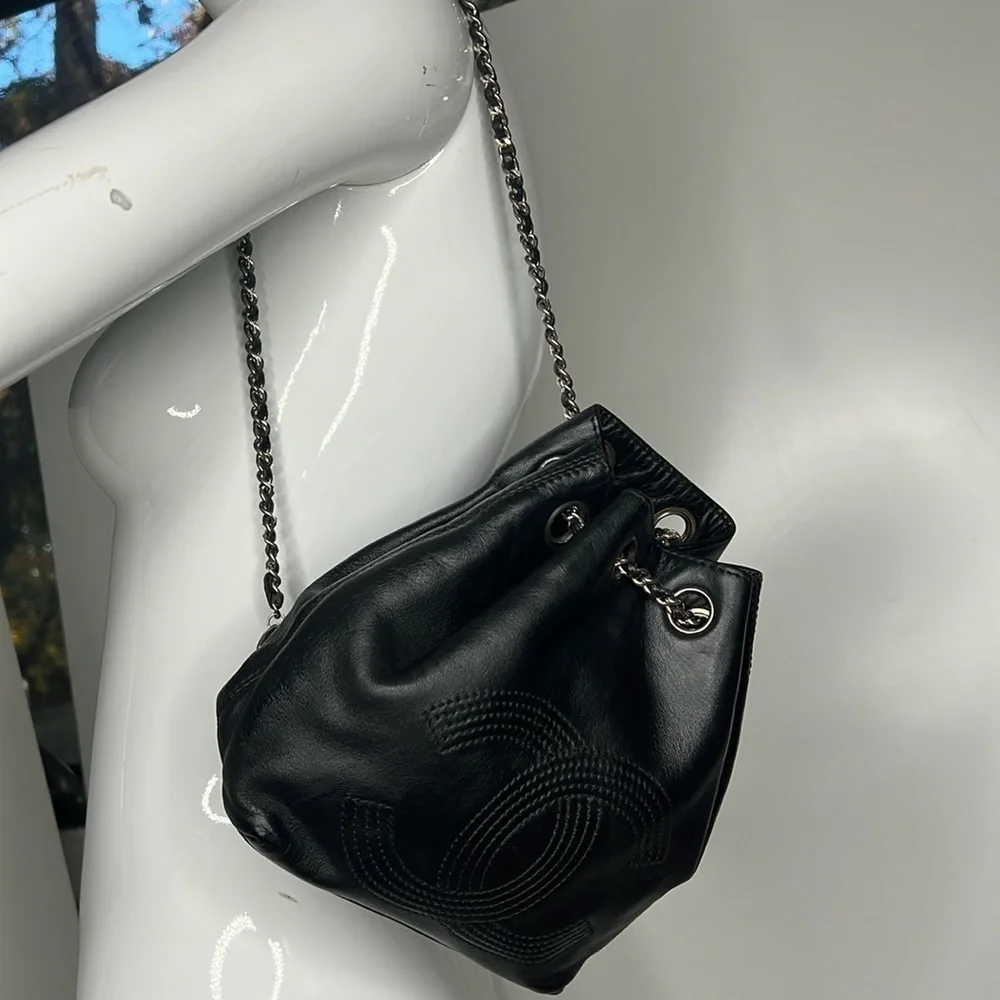 Chanel Black Leather Mini Backpack Bucket Bag Dustbag and Authenticity Card